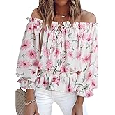 BLENCOT Summer Sexy Off Shoulder Tops for Women Boho Ruffle Sleeve Floral Chiffon Shirts Blouses