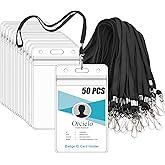 50Pcs Clear Plastic Vertical Name Tags Badge ID Card Holders and 50Pcs Flat Neck Lanyards, Black