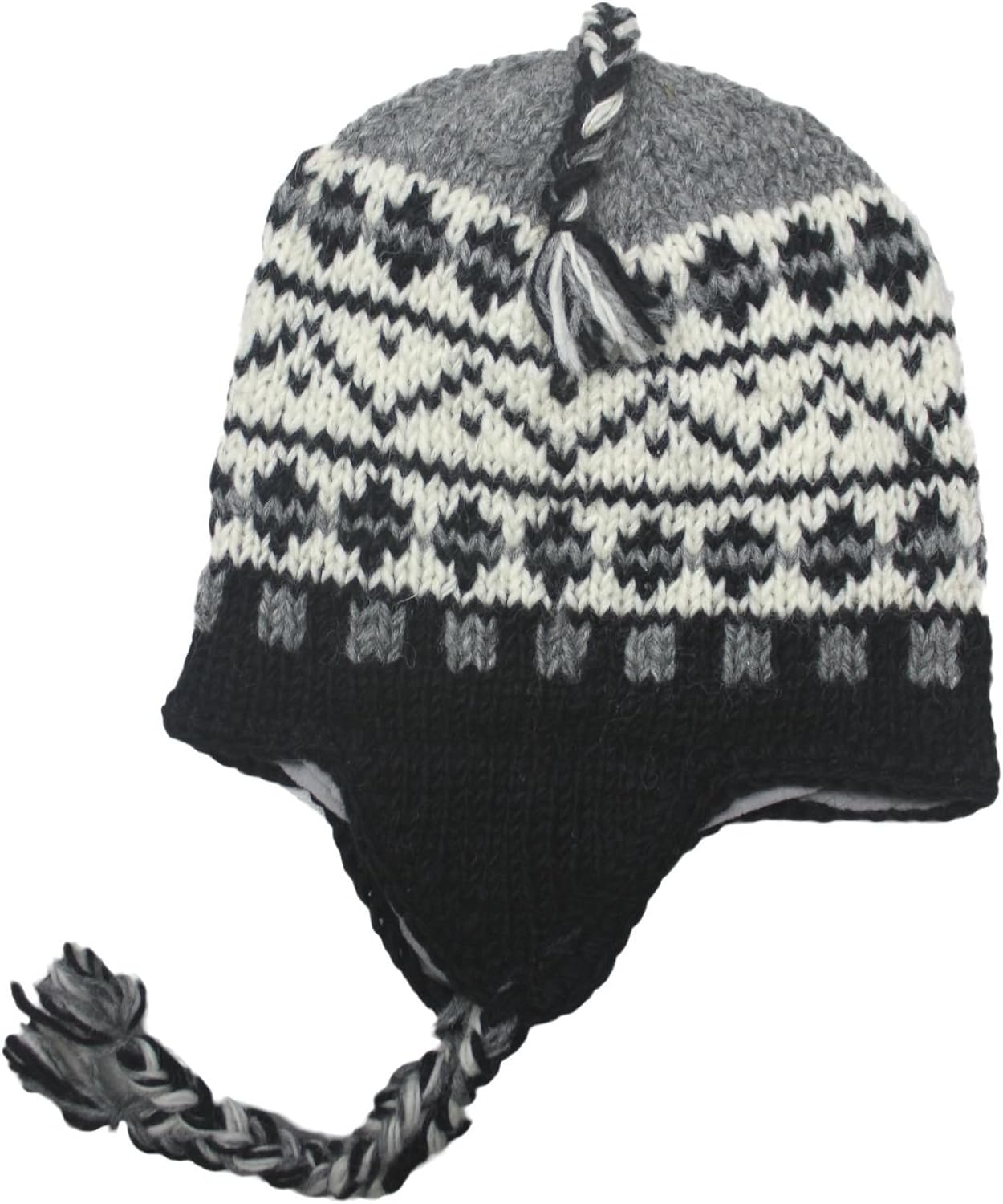 Sherpa Designs Hand Knit Unisex Wool Beanie Hat Ear Flap Fleece Lined Nepal (Black Gray): Clothing