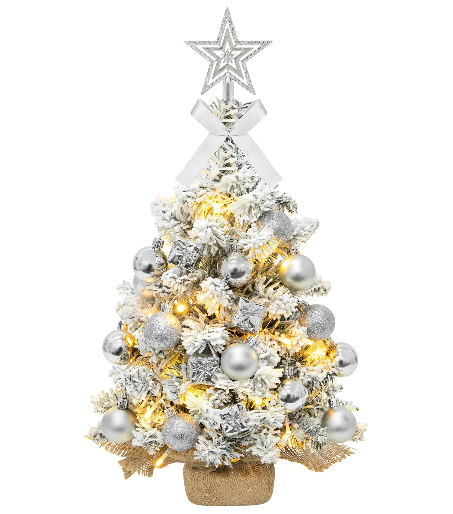 Photo 1 of Mini Christmas Tree with Lights, 2.13FT Table Christmas Tree with 24 Decorations, Artificial Snow Flocked Small Christmas Tree for DIY Xmas Decorations