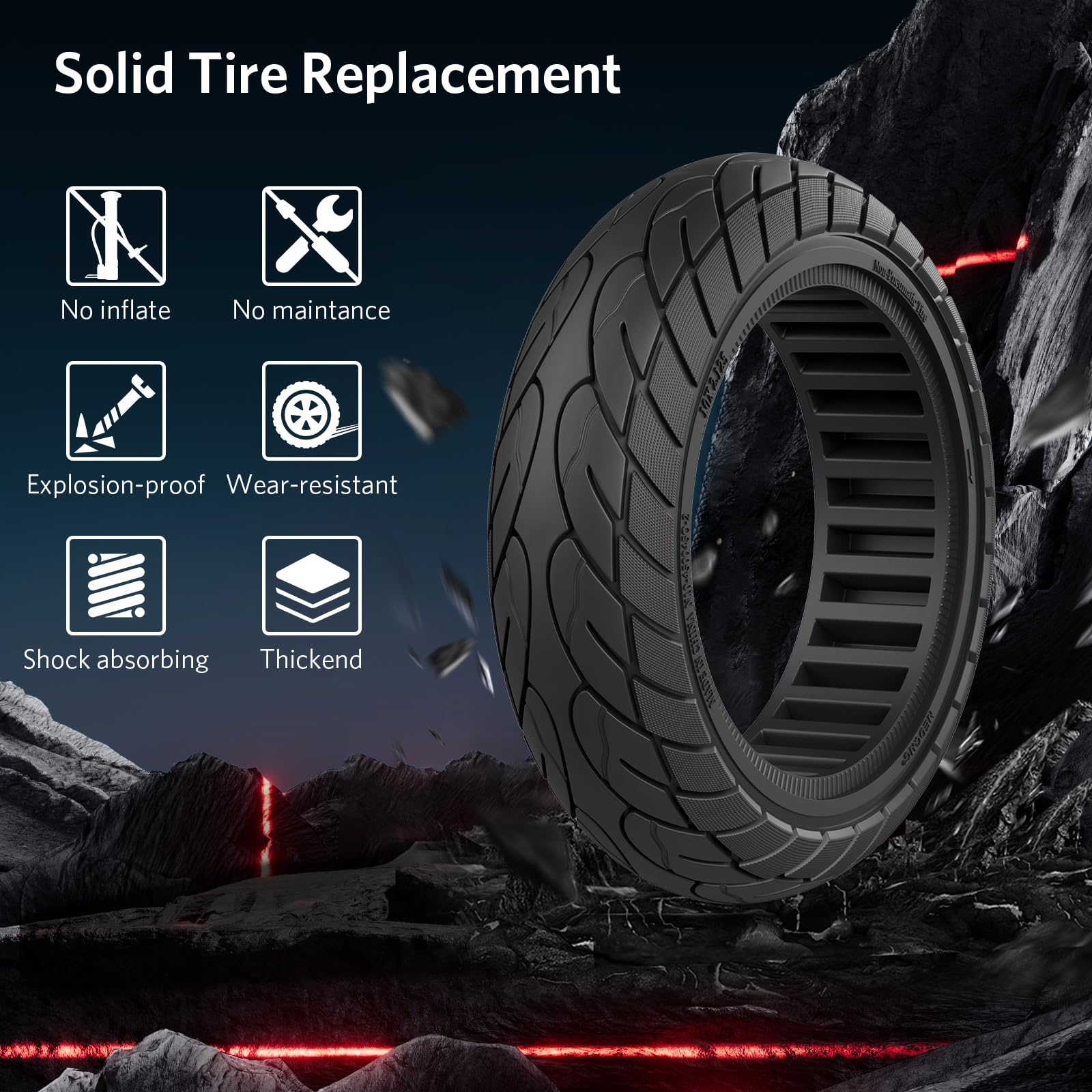 Cooryda 10x2.125 Scooter Tire, 10 inch Solid Rubber Tires Tubeless Front or Rear Replacement 10x2.125 Solid Electric Scooter Tire for Gotrax G4 Xr V2 Ninebot F25 F65 Hiboy S2 Pro 1pc Black