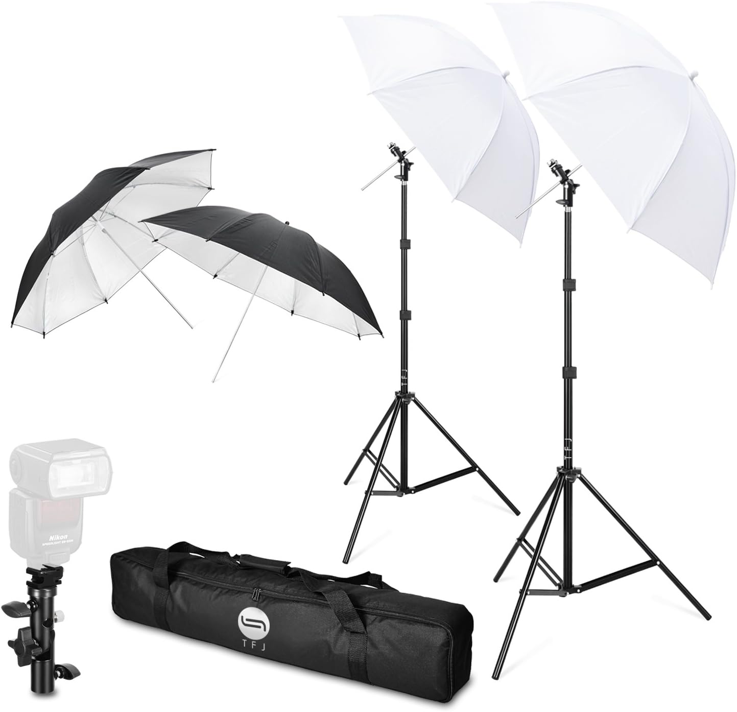 TFJ Kit di ombrelli fotografici con supporto flash, set professionale, supporto girevole, con