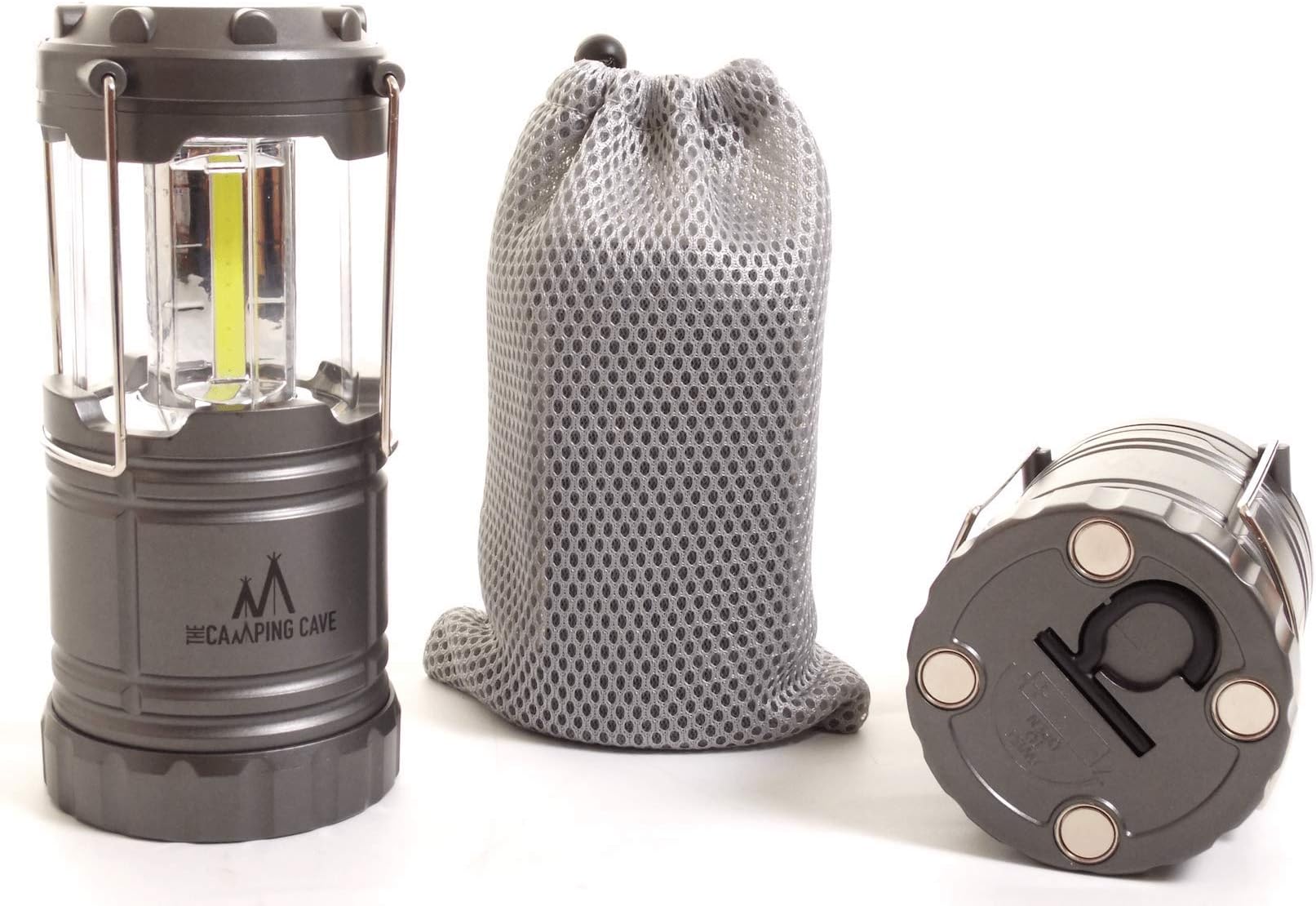 LED CAMPING LANTERN TORCH - by The Camping Cave, suitable for Hiking, Camping, Fishing and Emergencies with the latest LED COB technology with 350 lumens, magnetic base with hook for unlimited location use and free mesh carry case included.