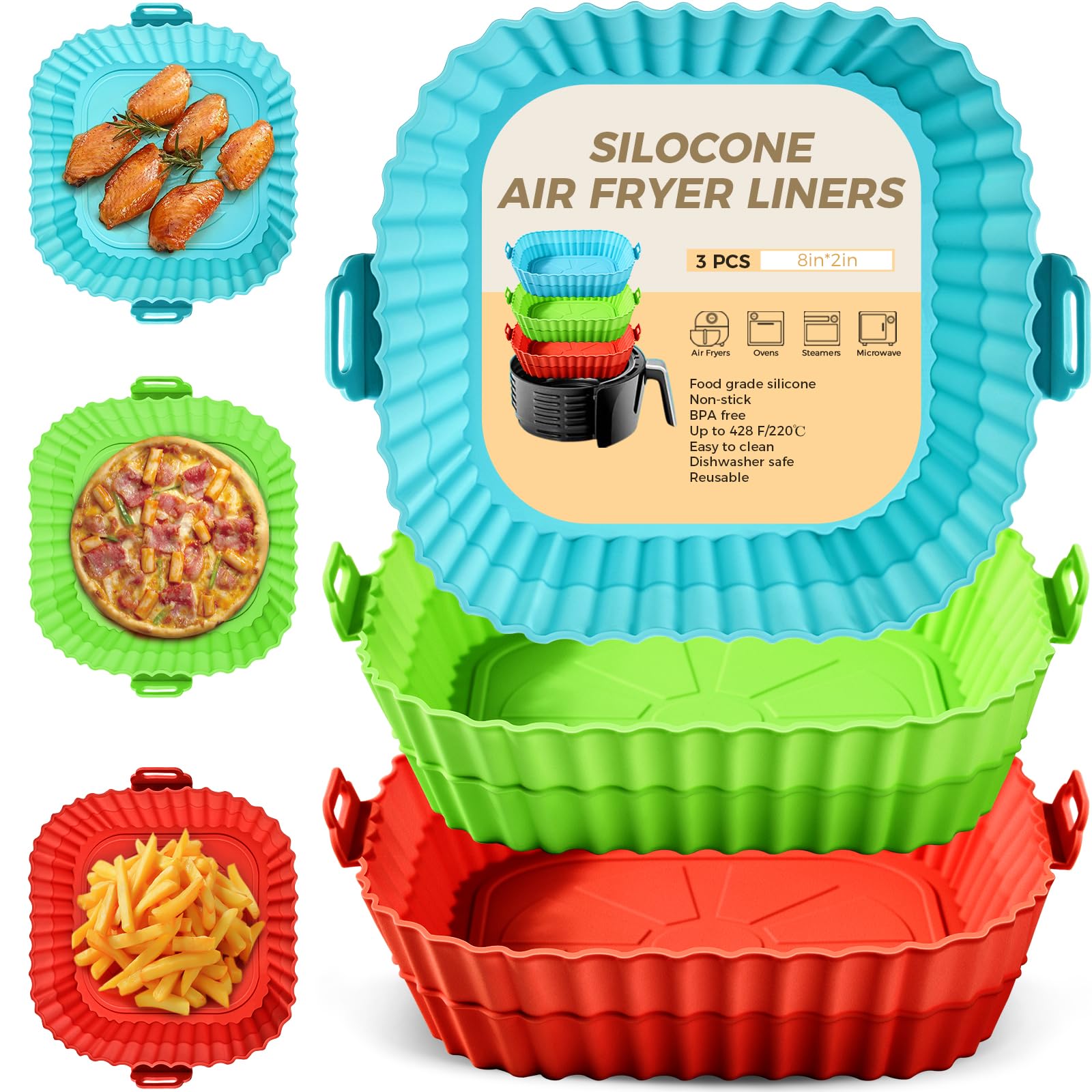 Photo 1 of 3 Pack Air Fryer Silicone Liners 8inch Air Fryer Pot Reusable Food Grade Silicone Airfryer Liners Baking Basket Accessories Replacement of Flammable Disposable Parchment Paper