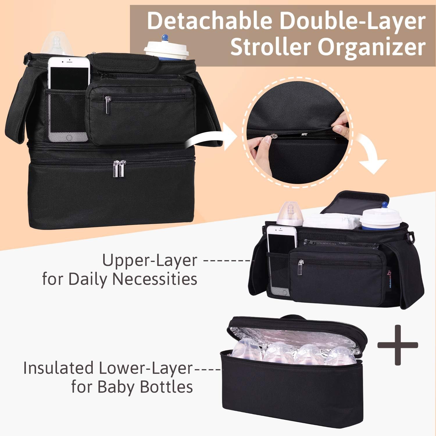 Momcozy 2-IN-1 Stroller Organizer With Insulated Cup Holders & Insulated Baby Bottle Bag / Breastmilk Cooler Bag, Fits for Stroller Like Uppababy, Baby Jogger, Britax, Bugaboo, BOB, Umbrella: Home Improvement