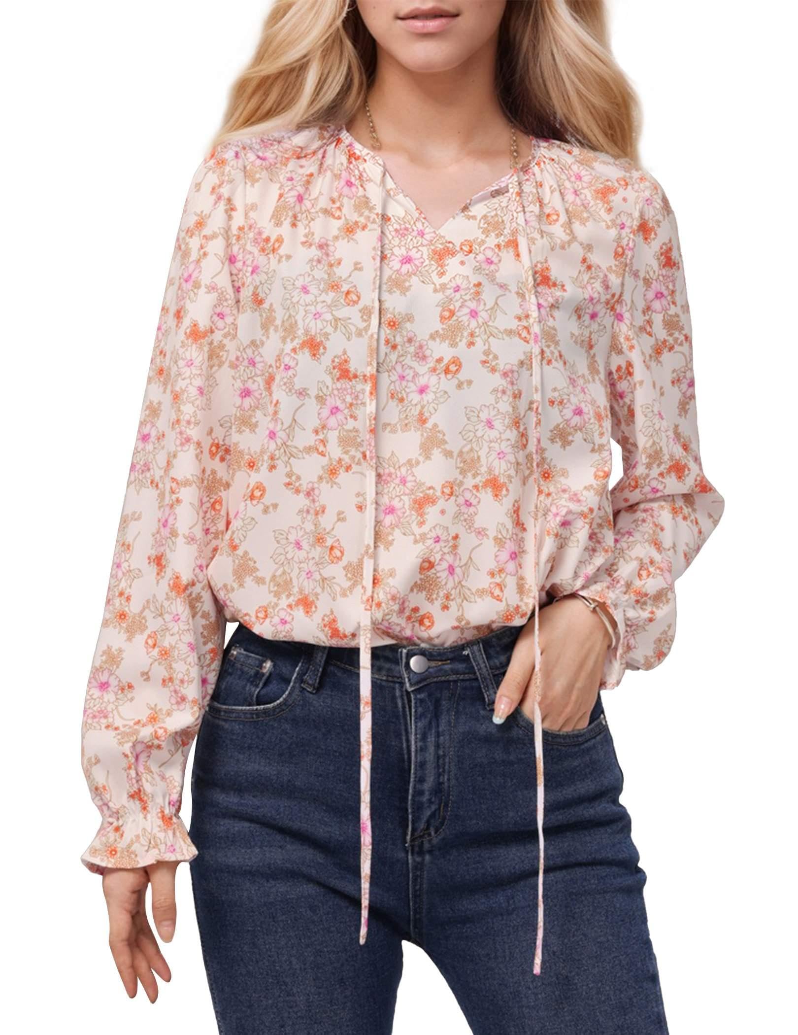 Photo 1 of *****2 piece*****Misakia Boho Floral Printed Button Down Shirt Long Sleeve Tops for Woman Dressy Blouses Drawstring V Neck Casual Top Pink M