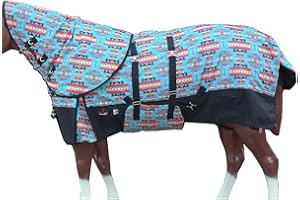 Turquoise Aztec 74 in HILASON 1200D Waterproof Winter Horse Blanket Neck Cover Belly Wrap | Horse Blanket | Horse Turnout Blanket | Horse Blankets for Winter | Waterproof Turnout Blankets for Horses