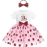 ODASDO Baby Girls Strawberry 1st 2nd 3rd Birthday Dress Cotton Short Sleeve Tulle Tutu Dresses with Bowknot Headband Set