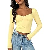 ForeFair Women's Sexy Long Sleeve Going Out Tops Pleated Bustier Shirt Cute Sweetheart Neck Y2K Cropped Top