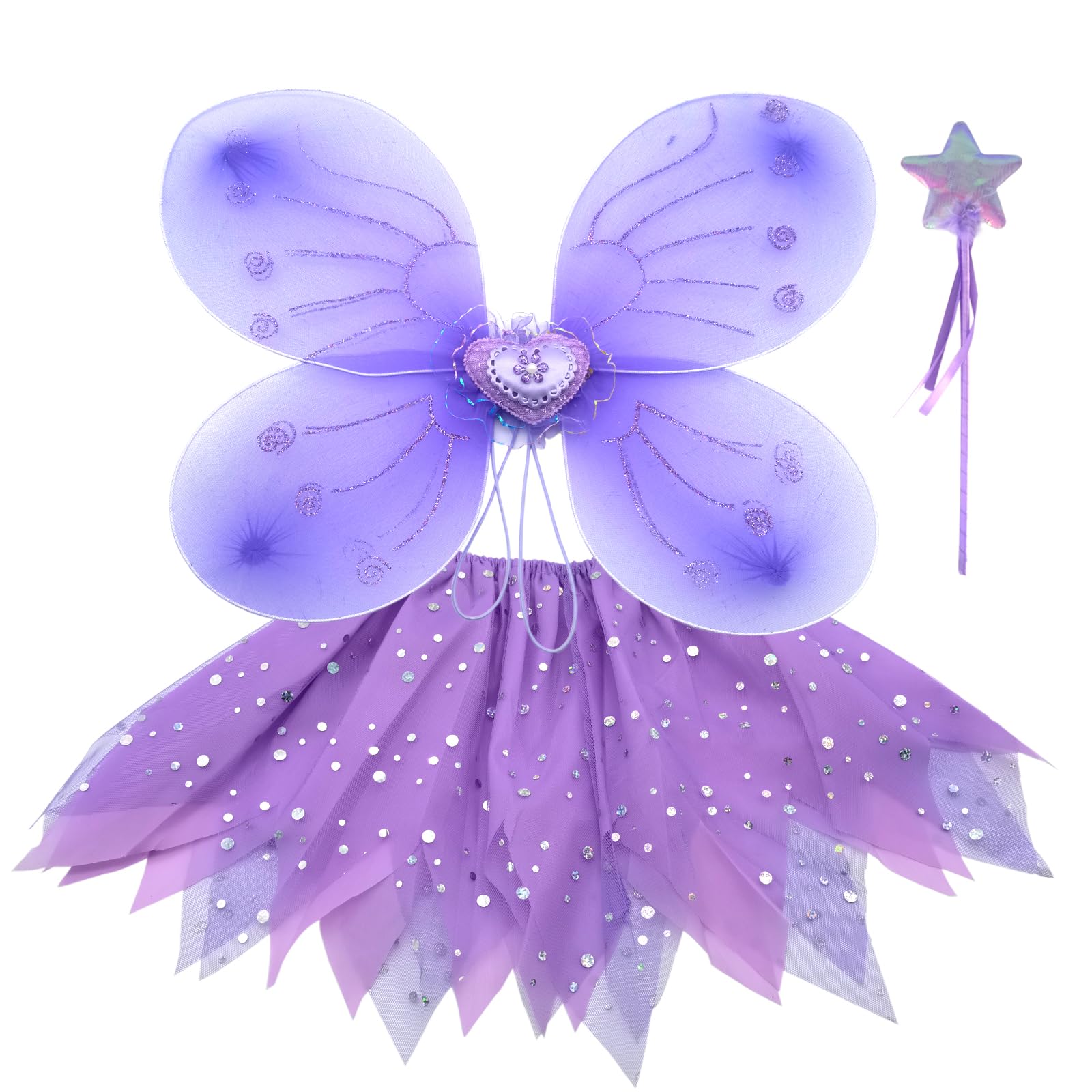 EQLEF Fairy Costume Kids, Tutu Dress Butterfly Wings Set Purple Fairy Princess Wings Costume for Girls Dress Up Party 3Pcs