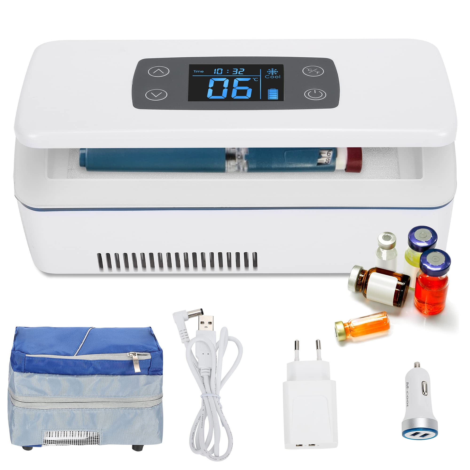 CGOLDENWALL Insulin Cooler Travel Case 2~8℃ Diabetic Insulin Vial Carrying Case Portable Medicine Refrigerator with Refrigeration Space: 175 * 60 * 26mm for Car/Travel/Home- Multiple Charging Modes