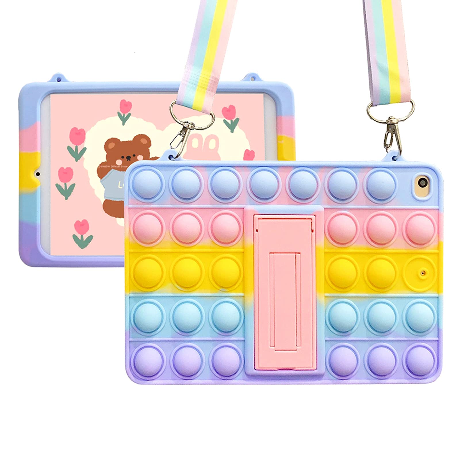 XZC Push Pop Fidget Toys Case for iPad 2019/2020/2021 (7th/8th/9th) 10.2inch Silicone Shockproof Full Body Protection Tablet Cover with Fold Kickstand and Lanyard (iPad 2019/2020/2021 10.2) — image 1