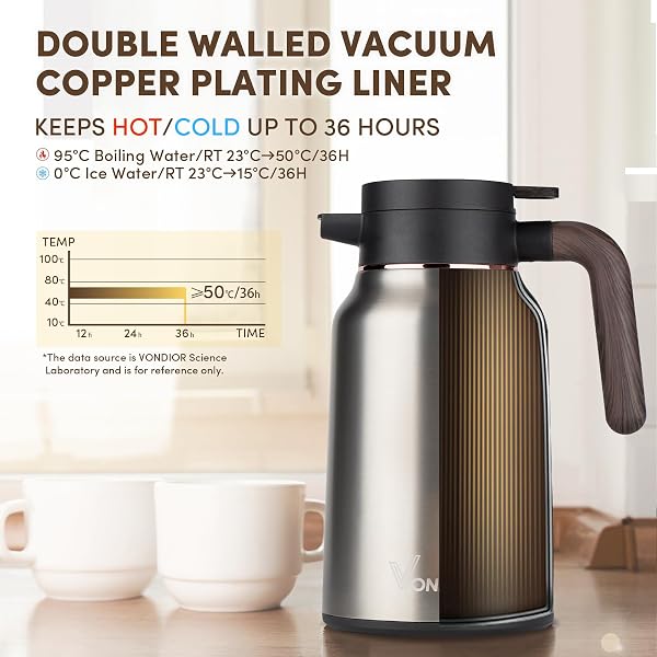 VONDIOR COFFEE CARAFE 35OZ/1.0L – 24HOURS COFFEE THERMAL- INSULATED 304 STAINLESS STEEL HOT BEVERAGE DISPENSER – THERMAL COFFEE CARAFES FOR KEEPING HOT/COLD COFFEE, DRINK DISPENSER FOR PARTIES