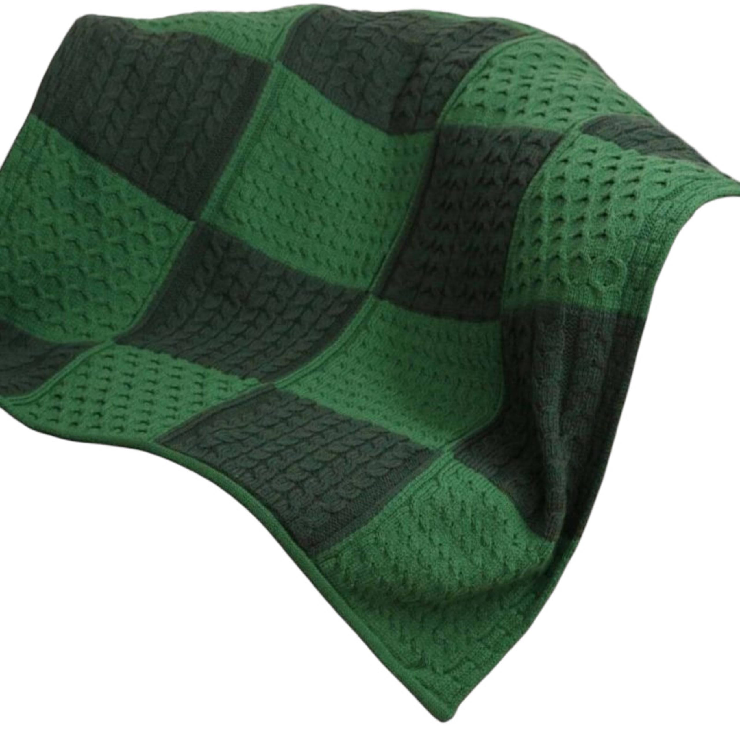Carraig Donn Patchwork Intarsia Wool Irish Blanket (Kiwi/Connemara Green)