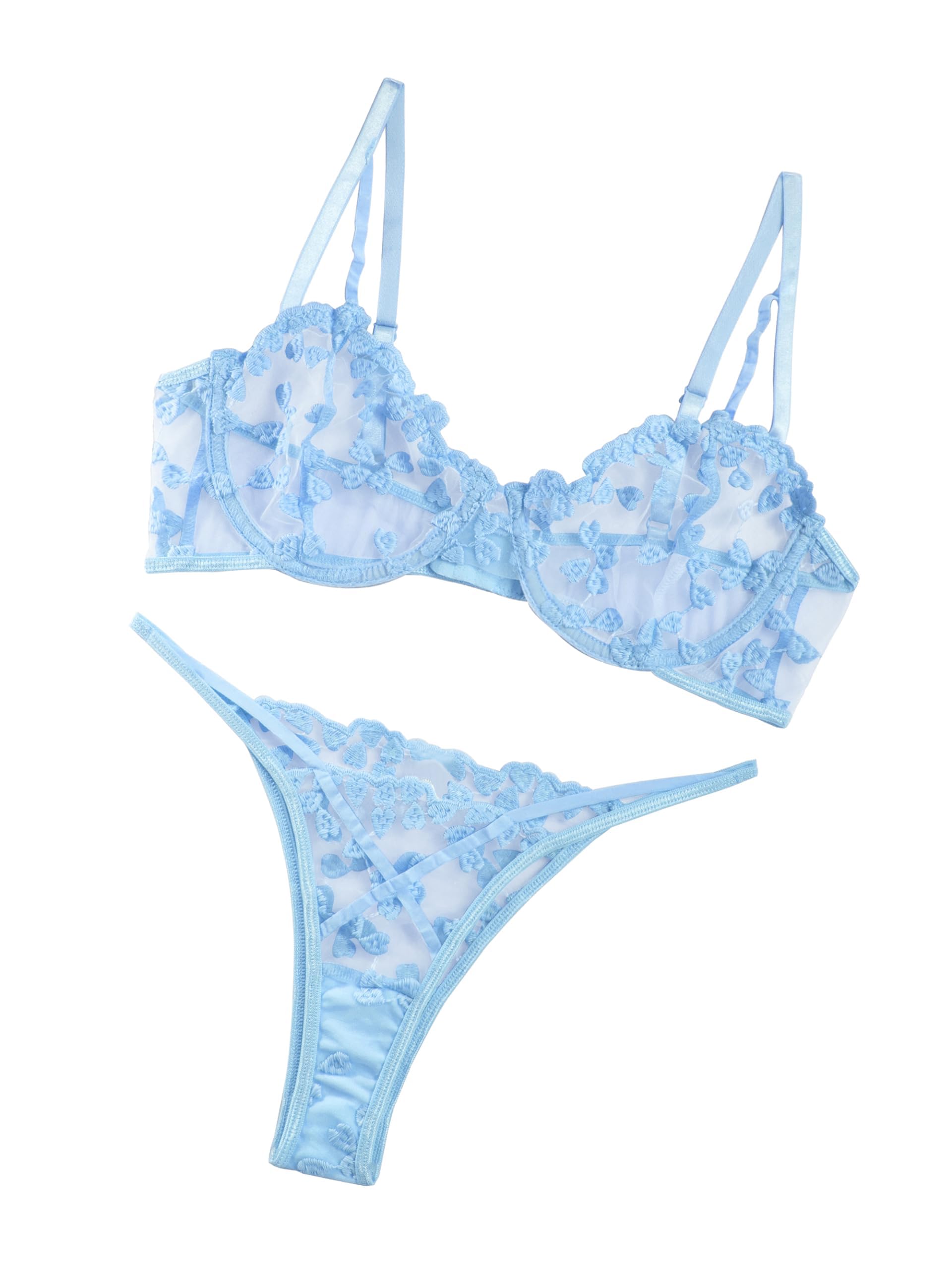 Photo 1 of Lilosy Sexy Cute Underwire Push Up Strappy Heart Embroidered Mesh Sheer Lingerie Set for Women Bachelorette See Through Bra and Panty 2 Piece Light Blue X-Small