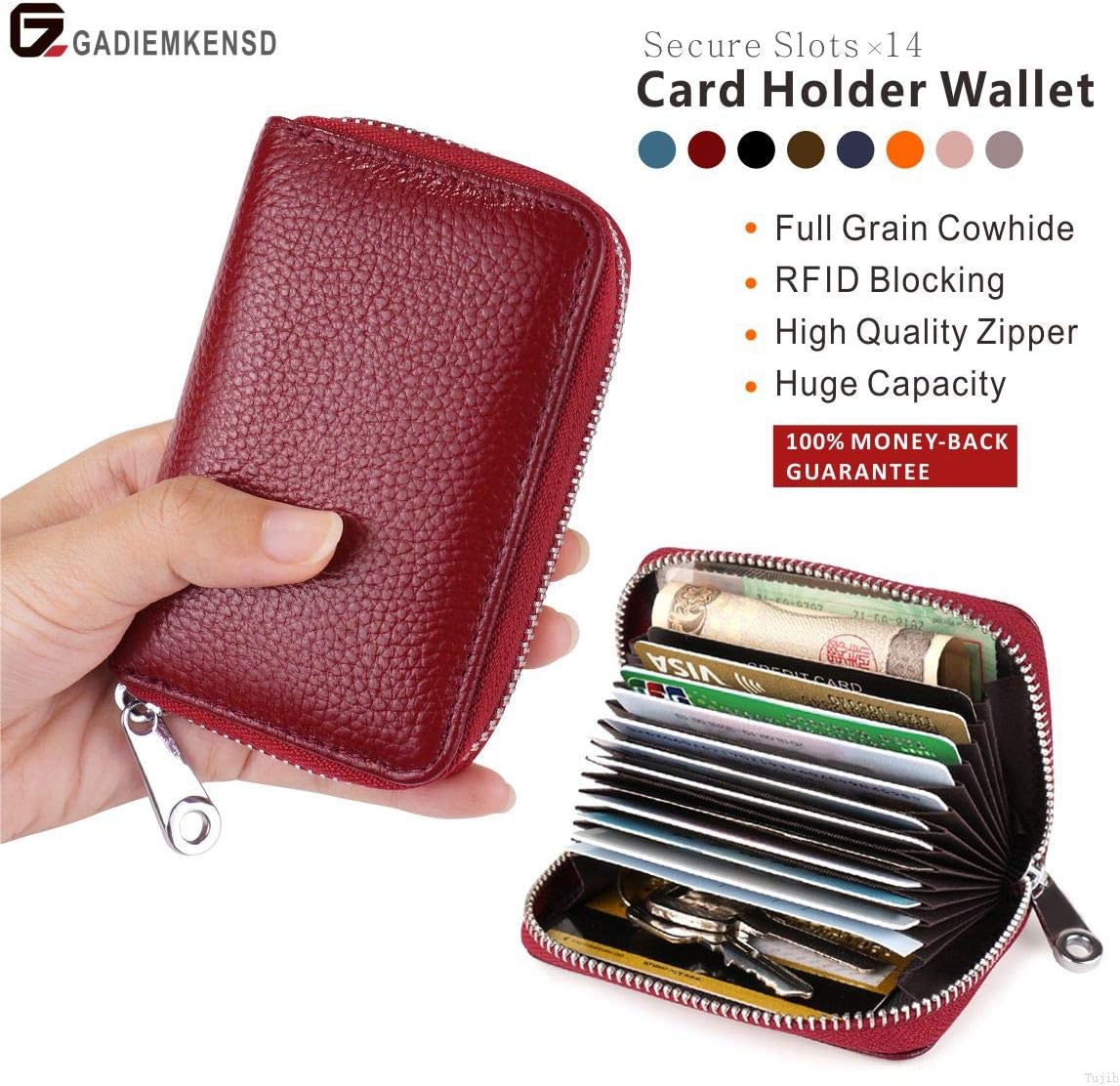 RFID Blocking Leather Wallet for Women,Excellent Women's Genuine Leather Credit Card Holder Ladies Small Blocked Accordion Wallets with Stainless steel Zipper Compact Accordian ID Cards bag Wine Red - Image 3