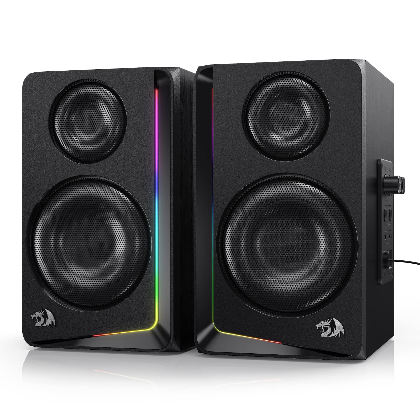 Redragon GS812 Wireless RGB Wooden Desktop Speakers, 2.0 Bookshelf Speaker w/BT 5.0/3.5mm AUX, Enhanced Bass/Volume Knob Control, Mic/Audio Jacks & Dynamic RGB Lighting