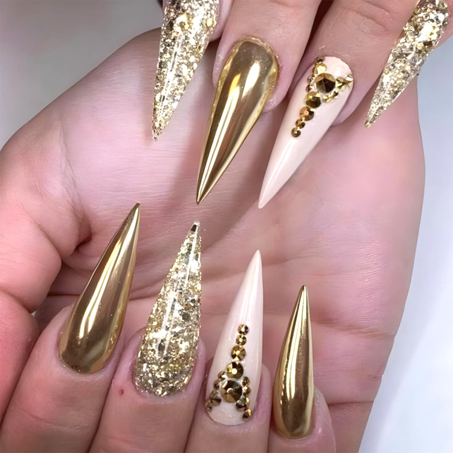 Photo 1 of Vopintpy Gold Glitter Rhinestones Press on Nails Extra Long Fake Nails Stilettos Acrylic Glue on Nails with Design Reusable Full Cover Stick on Nails for Women DIY Charm Manicure