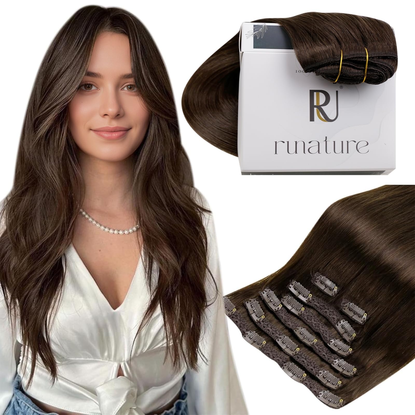 RUNATURE Brown Remy Hair Clip in Hair Extensions Human Hair Double Weft Clip in Hair Extensions 100 Grams 12 Inch Clip in Real Hair Extensions — image 1