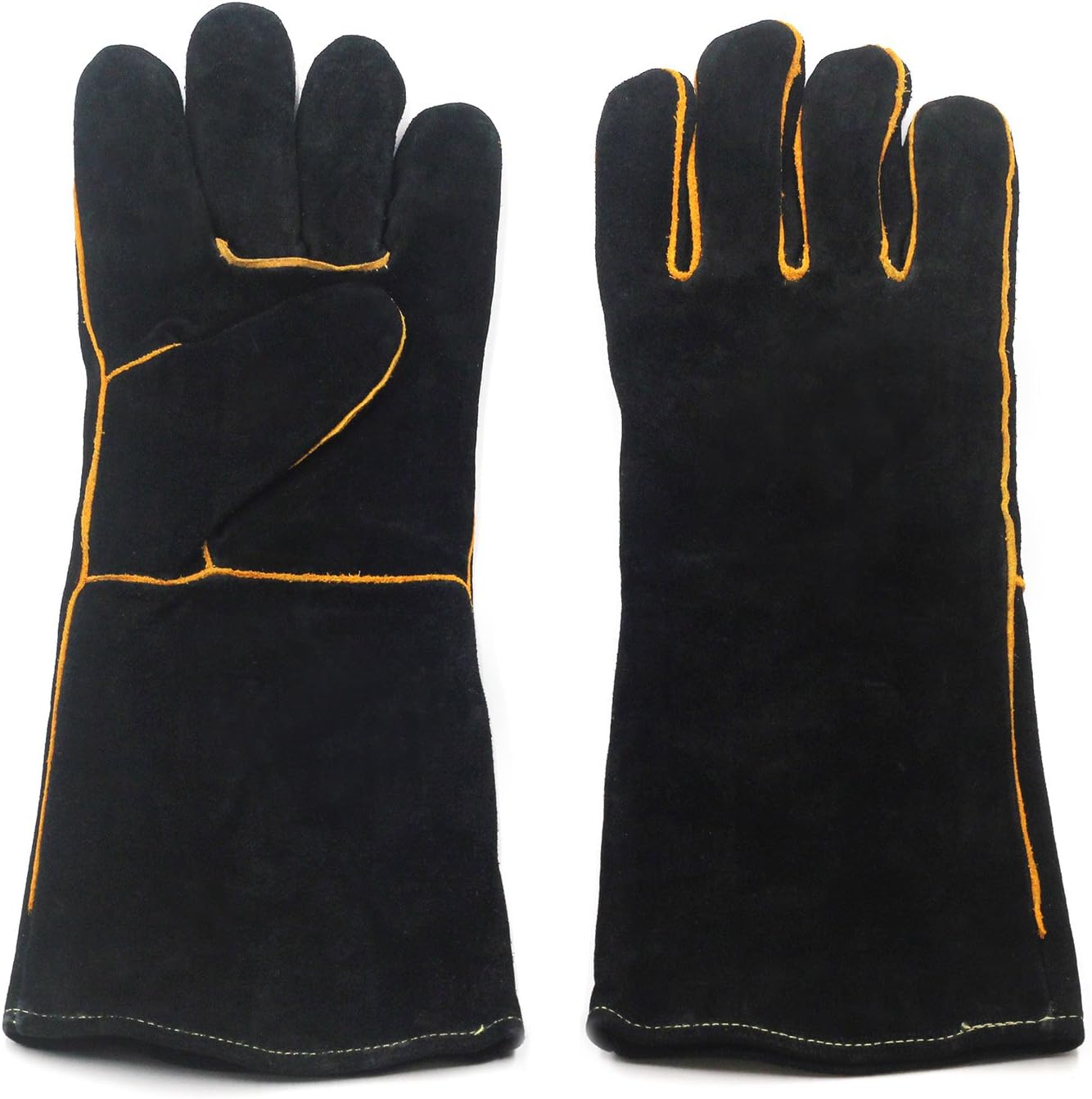 Welding Gloves Heat/Fire Resistant Leather Forge BBQ Gloves Perfect for Fireplace, Stove, Oven, Grill, Mig, Pot Holder, Animal Handling with 16 inches Extra Long Sleeve （Black）