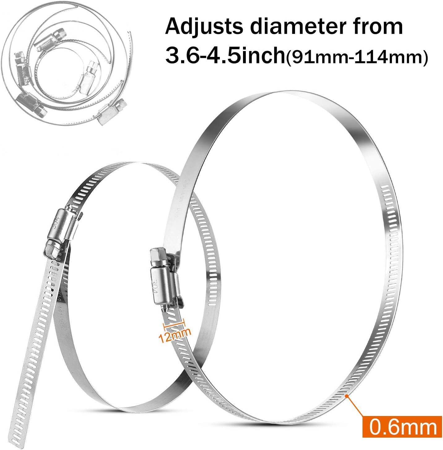 MIAHART 4 inch Hose Clip Adjustable 304 Stainless Steel Duct Clamps 6 Pack Worm Gear Adjustable 91mm-114mm Pipe Clip Worm Drive Clamp for Automotive Mechanical Agriculture (91-114mm) - Image 3
