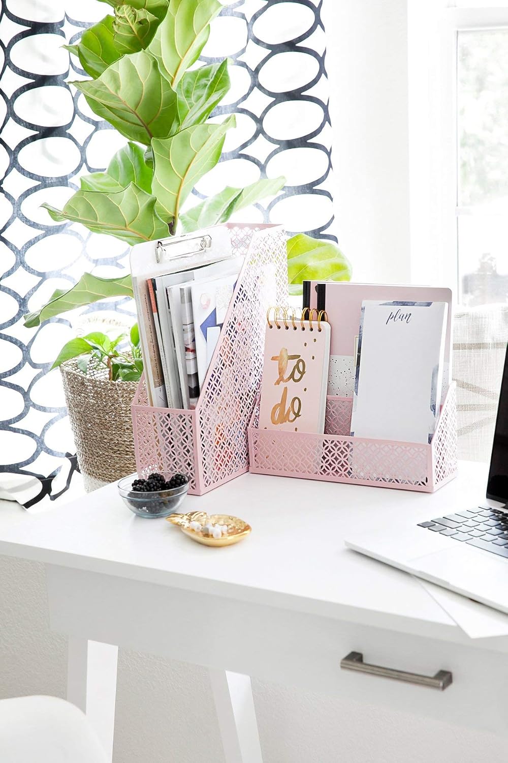 Blu Monaco Office Supplies Pink Desk Accessories for Women-5 Piece Desk Organizer Set-Mail Sorter, Sticky Note Holder, Pen Cup, Magazine Holder, Letter Tray-Pink Room Decor for Women and Teen Girls : Office Products