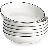 MALACASA 8.85" Large Pasta Bowls, 42 OZ White Salad Bowls Soup Bowls, Porcelain Serving Bowls Set of 6, Ivory White with Black Rim, Microwave & Dishwasher Safe, Series REGULAR