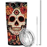 QruKinx Sugar Skull Rose 20 oz Tumbler, Insulated Stainless Steel, Day of the Dead Halloween Travel Mug, Sugar Skull Gifts for Women & Men, Spooky Witchy Hot & Cold Drink Cup for Christmas & Birthday