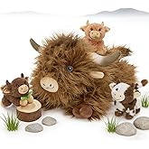 Morismos Highland Cow Stuffed Animal with Baby Calves inside Belly,20'' Mommy Brown Highland Cow Gift for Kid Girl Boy Hyland Cattle Pillow, Cute Farm/Wildlife Stuffed Animals for Birthday Party Decor