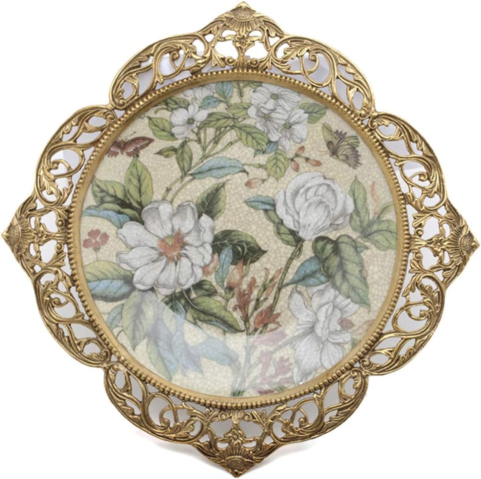 Jiemei Home Ceramic Wall Decor Antique Decorative Plate Art Flower for Wall with Brass Handmade Frame