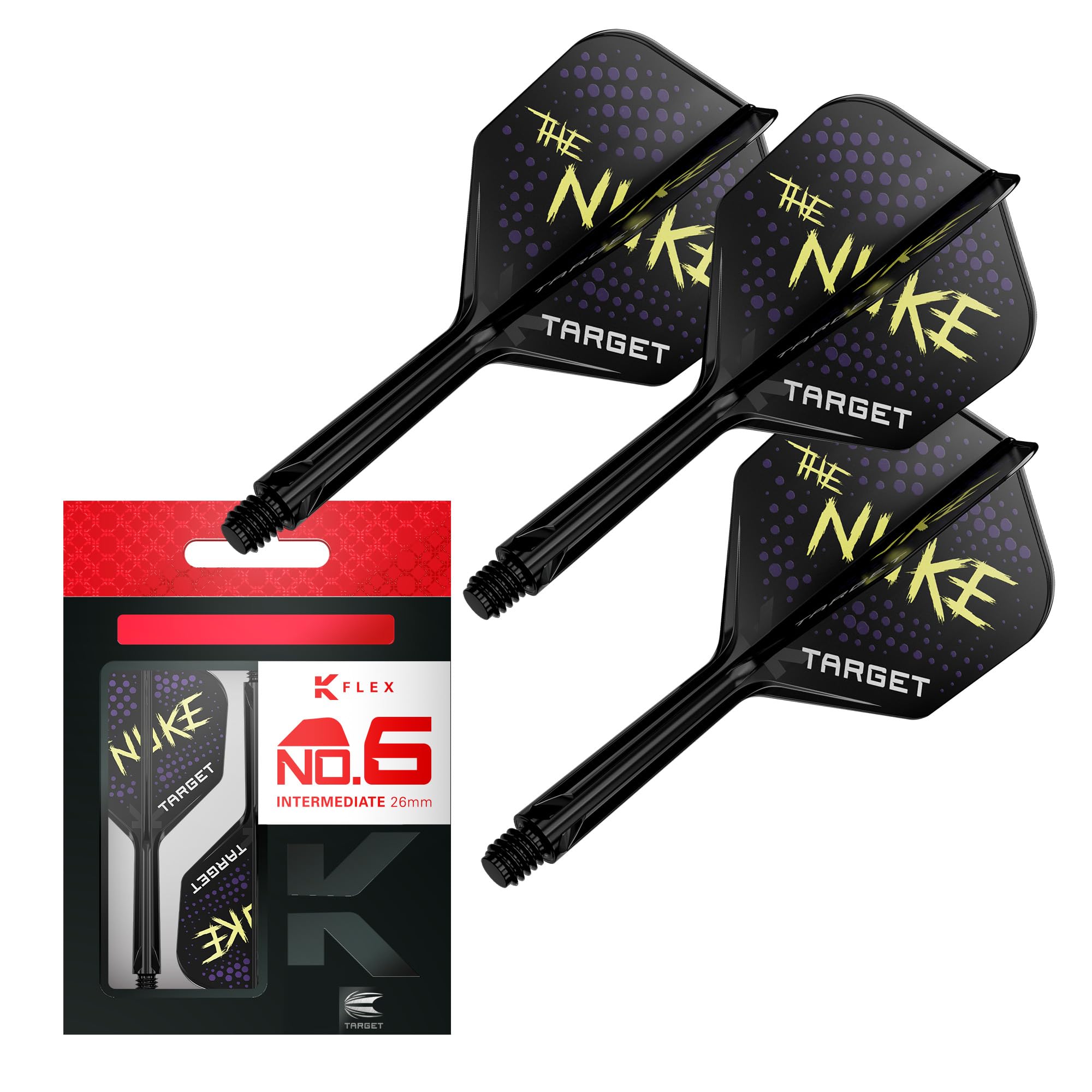 Target Darts Luke Littler K Flex Flights and Shaft System, No.6 (Intermediate, 26mm) | Pack of 3 Kflex All In One Flights, The Nuke Player Edition Darts Accessories | K-Flex Dart Stem