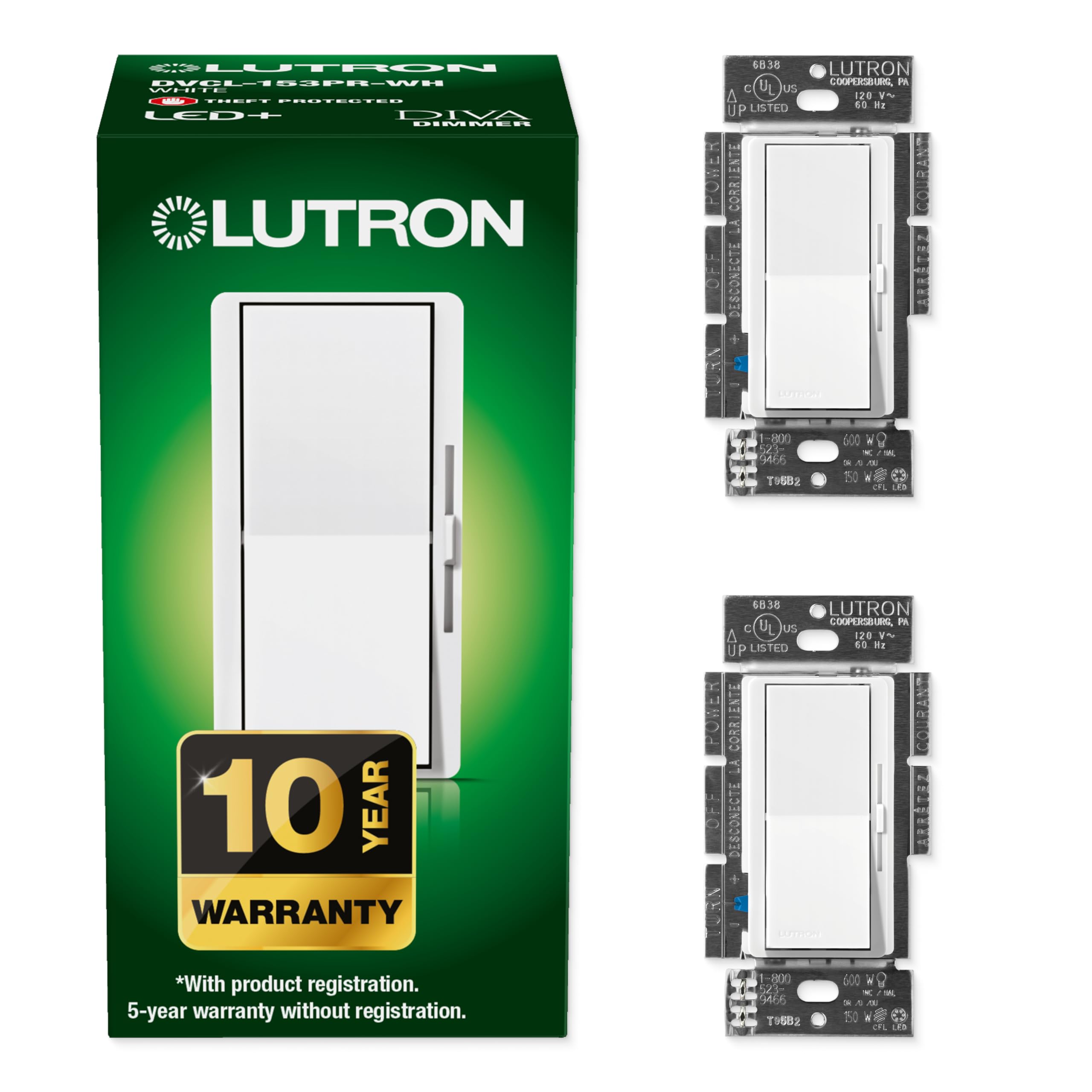 Photo 1 of Lutron Diva LED+ Dimmer Light Switch for Dimmable LED, Halogen, and Incandescent Bulbs, 150 Watt, Single-Pole or 3-Way, DVCL-153P-WH, White (2-Pack)