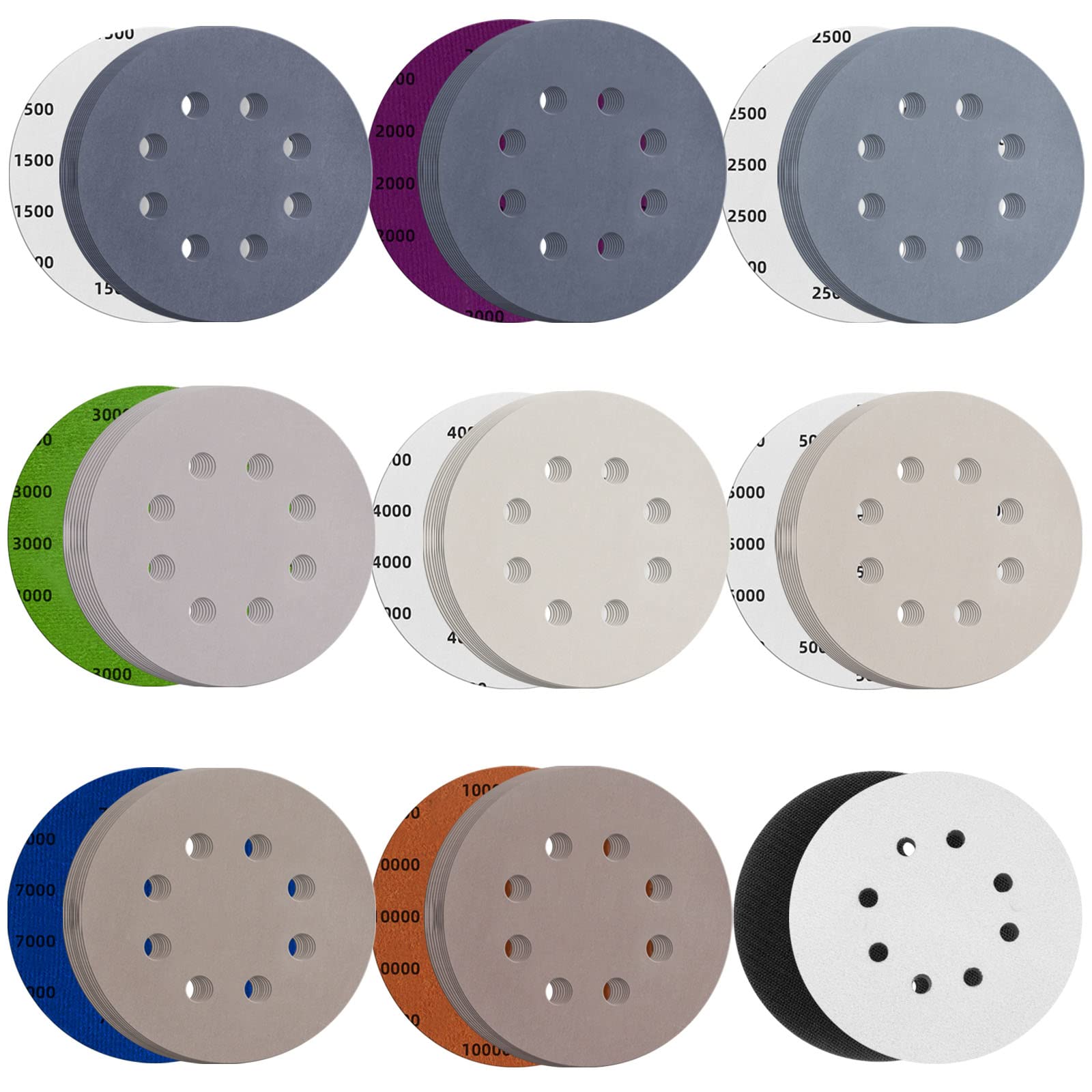 Photo 1 of 80pcs 5 inch 8 Hole Sanding Discs Hook and Loop 1500/2000/2500/3000/4000/5000/7000/10000 Grits Wet Dry Sandpaper with 2pcs Interface Pad for Random Orbital Sander Automotive Wood Metal Polishing