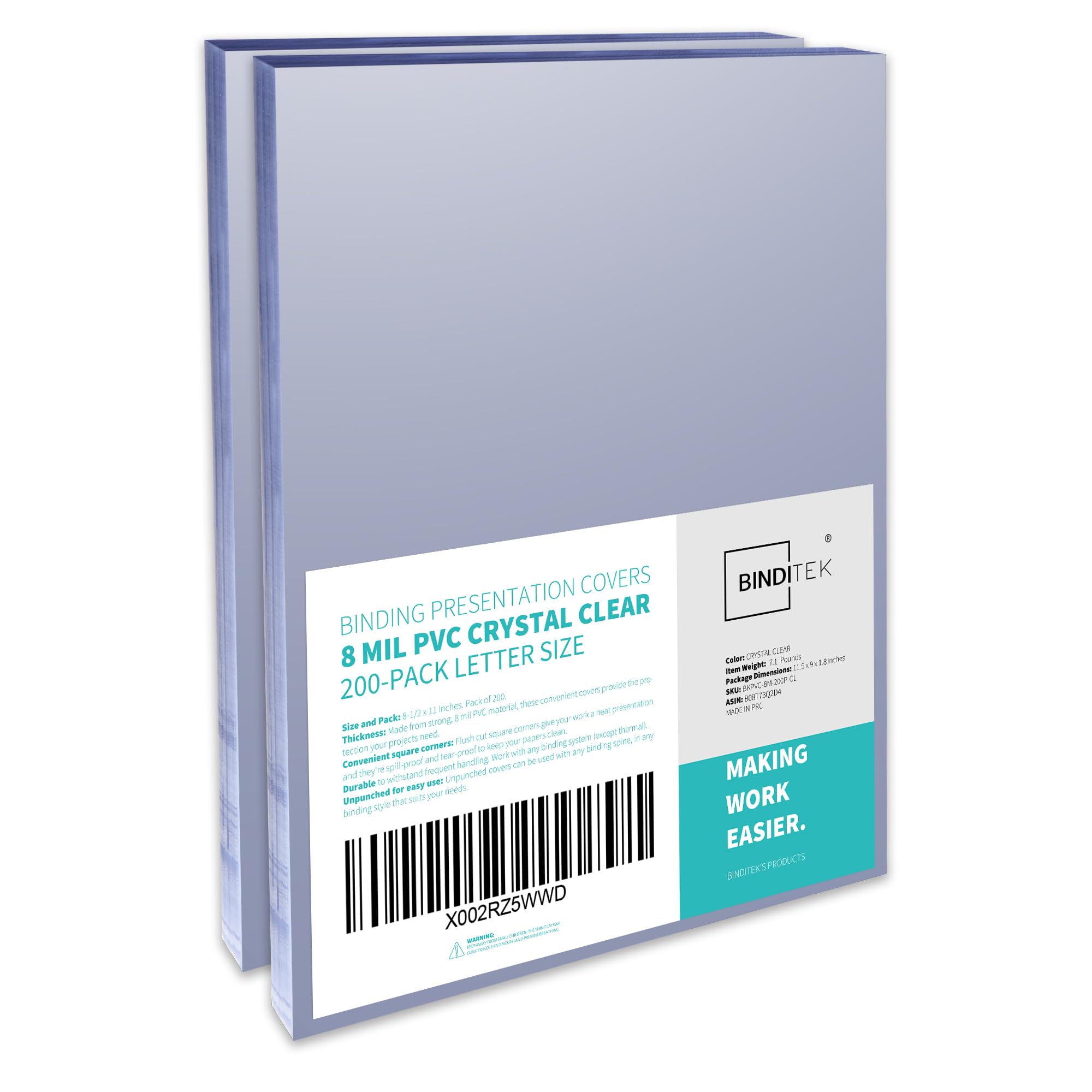 Photo 1 of Binditek 200 Pack 8 Mil PVC Clear Binding Covers, 8.5 x 11 Inches, Letter Size, Square Corners, Un-Punched, Office Supplies
