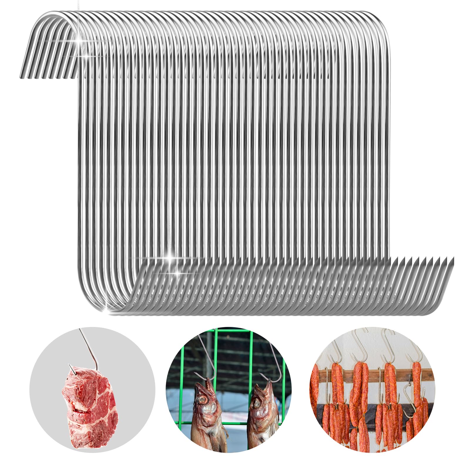 Hengxinc 30 Pieces Stainless Butchers Hooks, 15CM Sturdy Meat Hook for Hanging, Silver S-Shaped Hook Used in Kitchens, Smoking Rooms, Meat Processing Grill Bacon