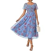 GRACE KARIN Women's Summer Floral Maxi Dress 2026 Square Neck Smocked Mesh Dresses Short Sleeve Wedding Guest Sundress