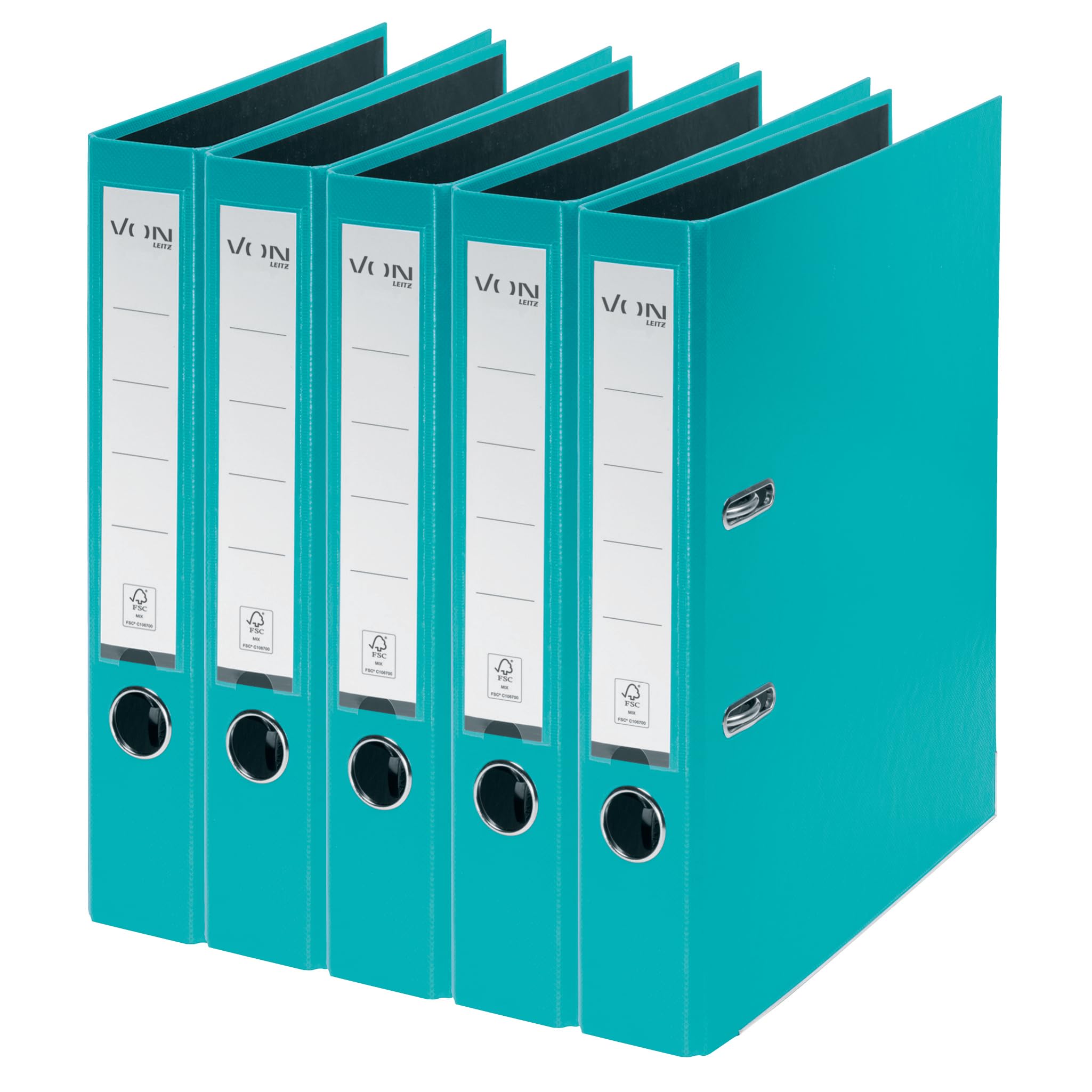 VON Leitz A4 Folder, Pack of 5, Cardboard with Plastic Cover, 50 mm Spine Width, for 350 Sheets, Blue Angel & FSC Certified, for School, Study & Home, Turquoise, 10561052