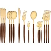 Uniturcky 16-Piece Silverware Set with Cake Fork, Gold Stainless Steel Flatware Cutlery Set, Eating Utensils Set with Wooden effect Handle, Include Knife Fork Spoon, Mirror Polished, Dishwasher Safe