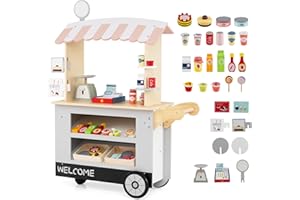 HONEY JOY Kids Food Cart, 30-Piece Toddler Pretend Play Grocery Store Playset w/Cash Register & Scale, Wooden Dessert Shop Pl
