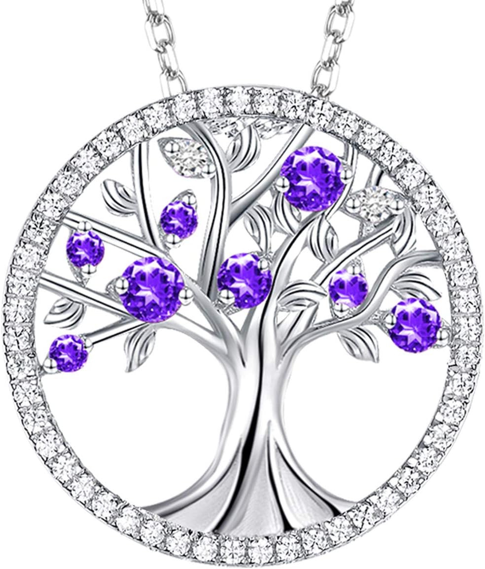 Tree of Life Fine Jewelry for Wife Mom Birthday Gifts Ruby Amethyst Auamarine Emerald Pendant Necklace Sterling Silver