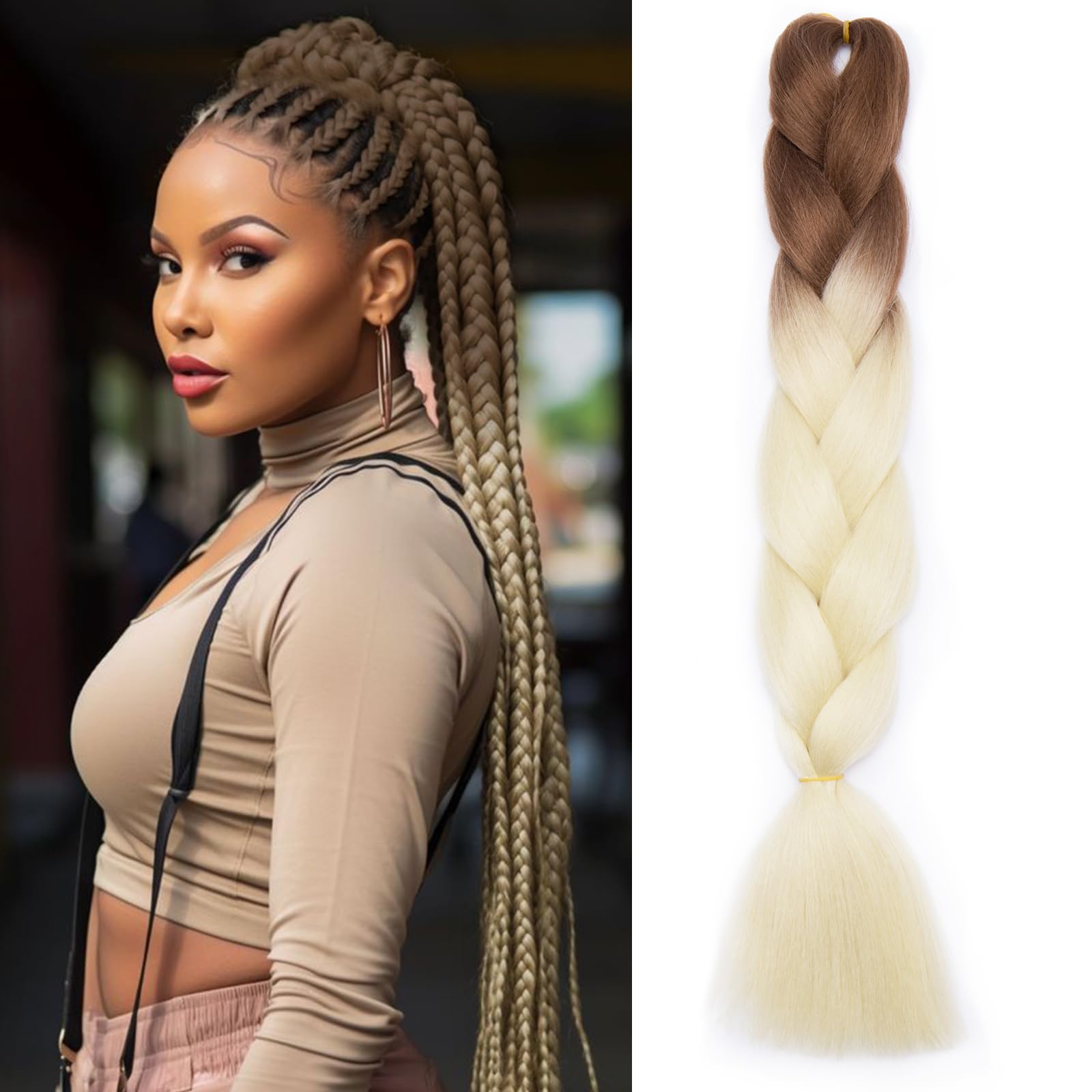 Silk-co 24 inches Silky Jumbo Braids Hair Afro Braiding Hair Extensions Ombre Synthetic Heat Resistant [100g, Brown-Beige] — image 1