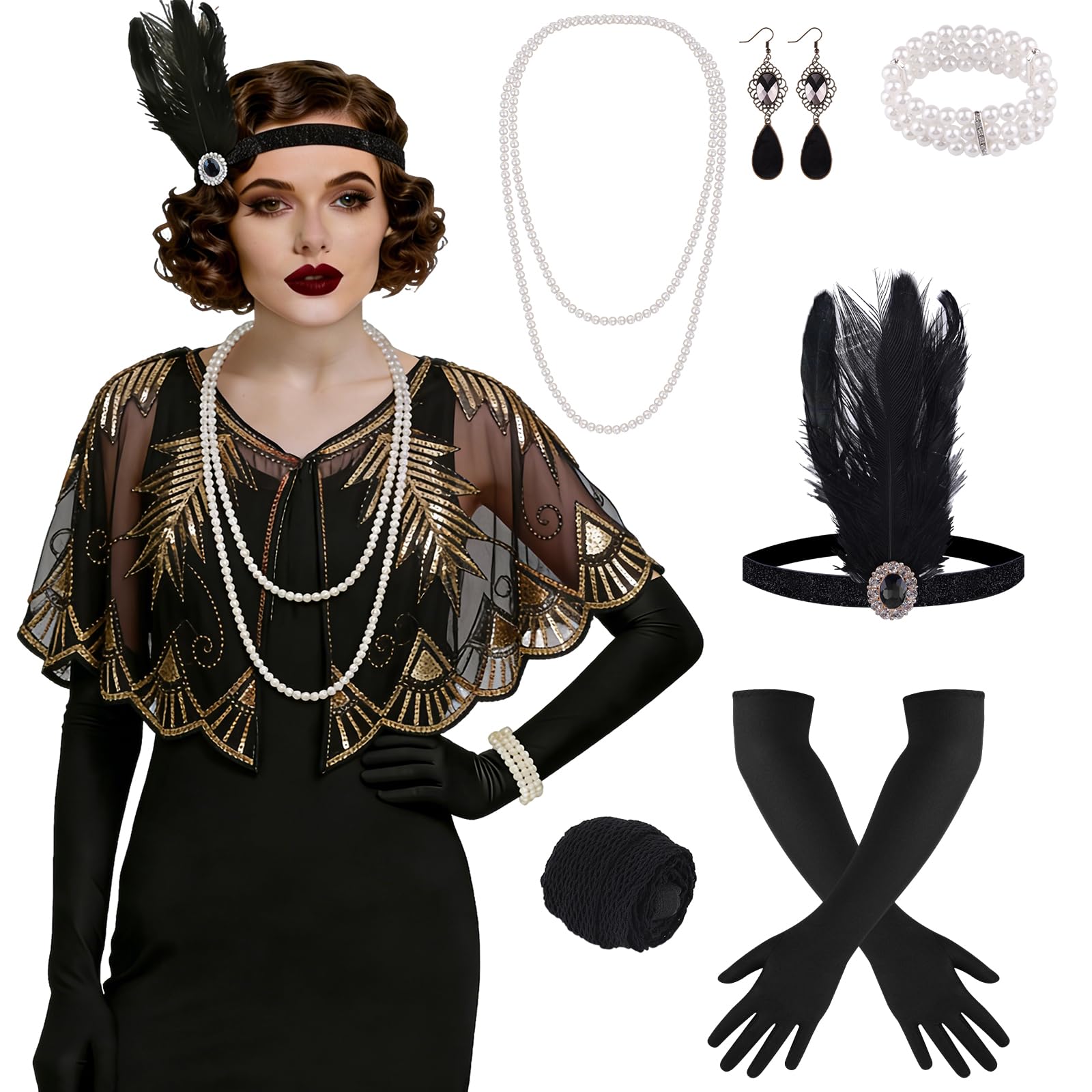 ELECLAND 10 Pieces 1920s Flapper Great Gatsby Accessories Set Fashion Roaring 20's Theme Set with Headband Headpiece Long Black Gloves Necklace Earrings for Women (Black Gold (Style 6))