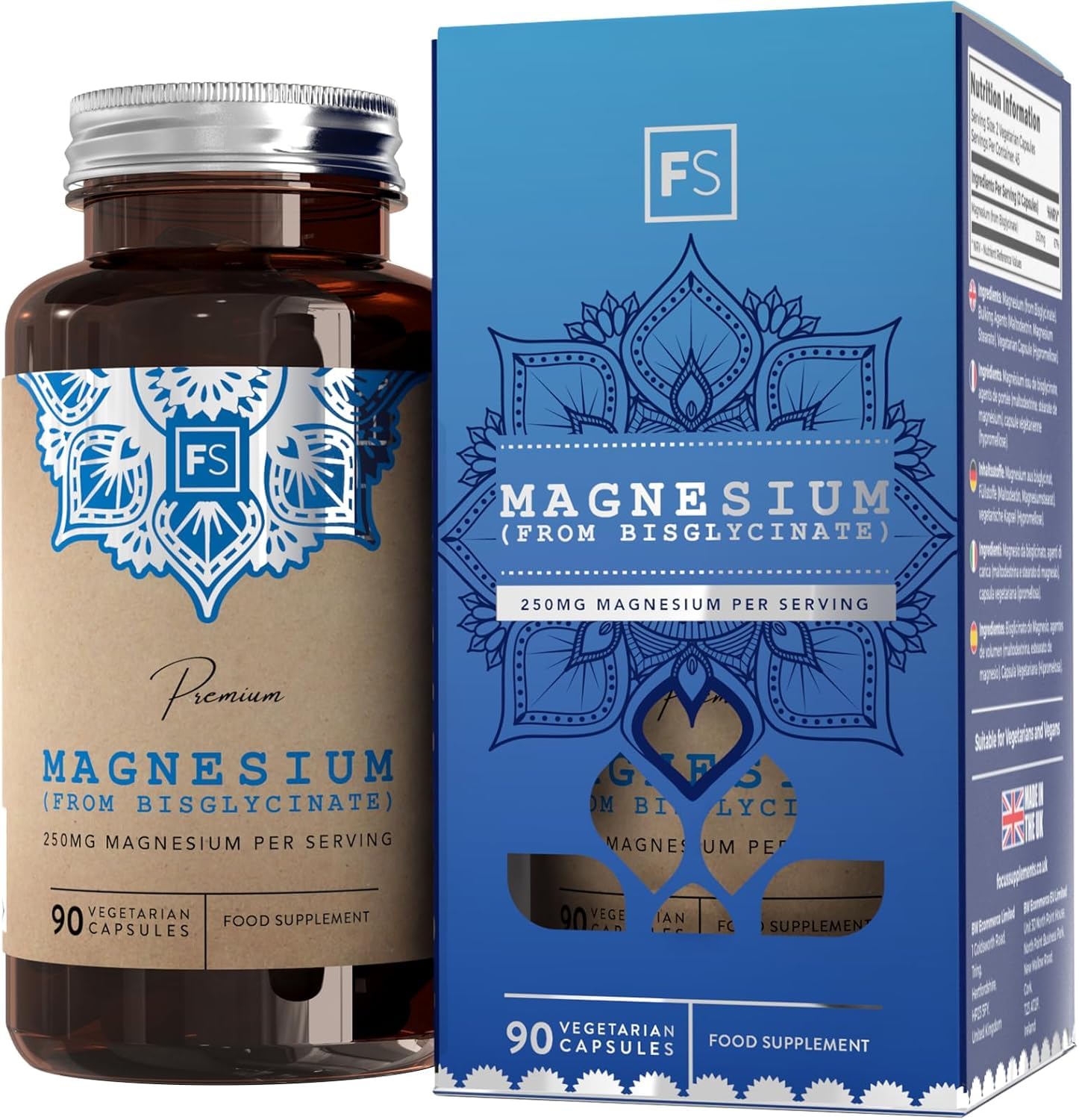 FS Magnesium Glycinate | 90 Magnesium Glycinate Supplements - 250mg Mag Bisglycinate per Serving | High Strength Capsules | Non-GMO & Allergen Free | Made in the UK