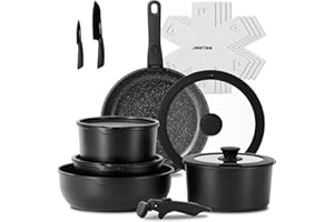 JEETEE Pots and Pan Set Nonstick 17pcs, Cookware Set with Detachable Handle, Kitchen Induction Cookware Set Non Stick with Re