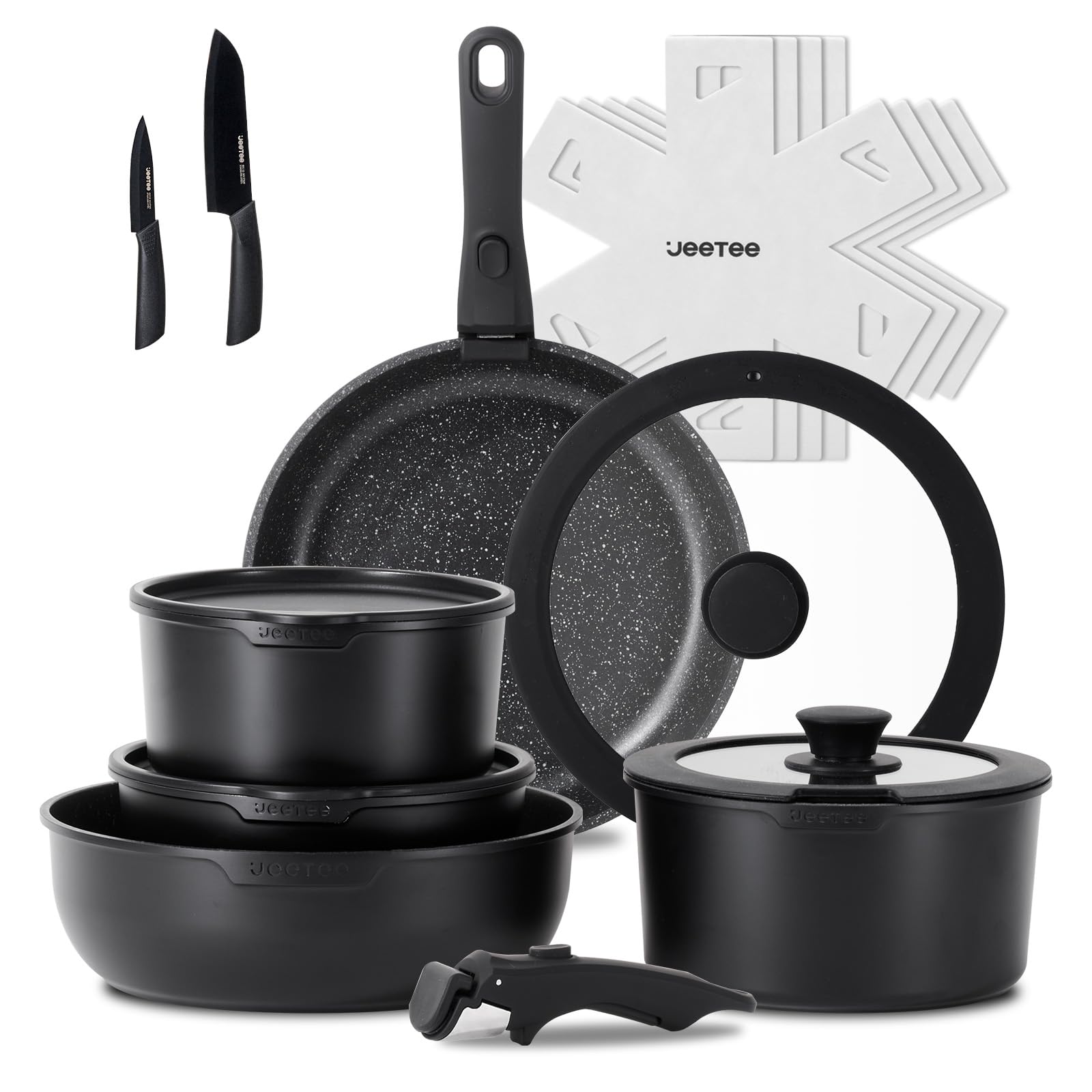 JEETEE Pots and Pans Set Non Stick 17pcs, Kitchen Cookware Sets with Detachable Handle, Induction Nonstick Cookware Set with Removable Handle, Stackable RV Cookware, Oven Safe, PFAS/PFOA Free, Black Image