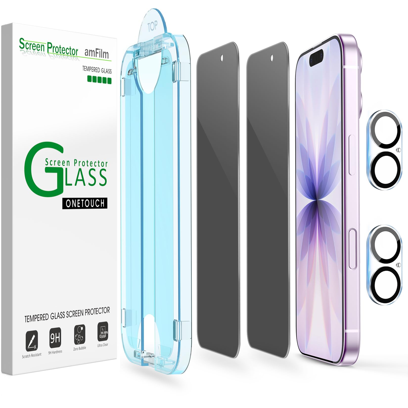 Photo 1 of amFilm OneTouch Privacy Screen Protector for iPhone 17 6.3'' + Camera Lens Protector | Auto-Alignment install | Bubble Free | 9H Tempered Glass | Shatterproof | Anti Privacy | Case Friendly 2+2 Pack