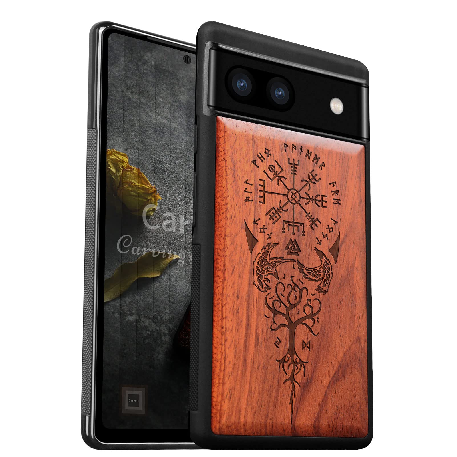 Carveit Wood Case for Pixel 6a Case [Hard Real Wood & Soft TPU] Shockproof Hybrid Protective Cover Unique & Classy Wooden Case Compatible with Google Pixel 6a Case (Vegvisir Viking Compass-Rosy).