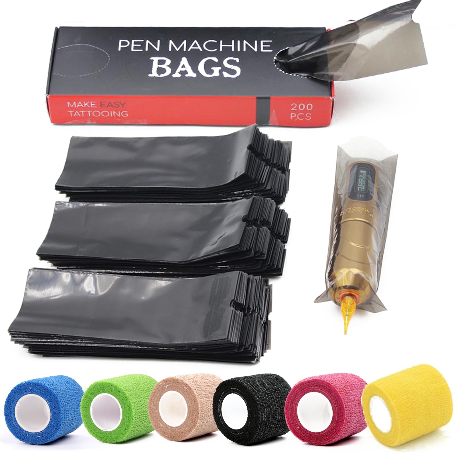 HOINCO Grip Tape and Pen Bags 200pcs Tattoo Machine Covers and 6pcs Tattoo Machine Tape Grip Wrap 2 x 5 Yards Self for Tattoo Supplies