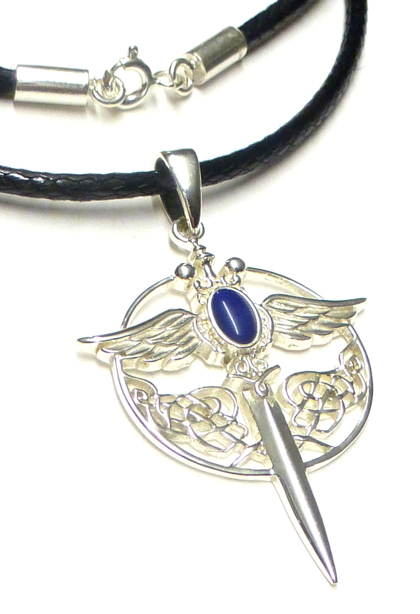 Sterling Silver Sword Michael Archangel Pendant with Snake Fabric Cord, Sterling Silver, lapis