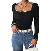 WDIRARA Women's Pearls Square Neck Long Sleeve T Shirt Rib Knit Tee Slim Fitted Top